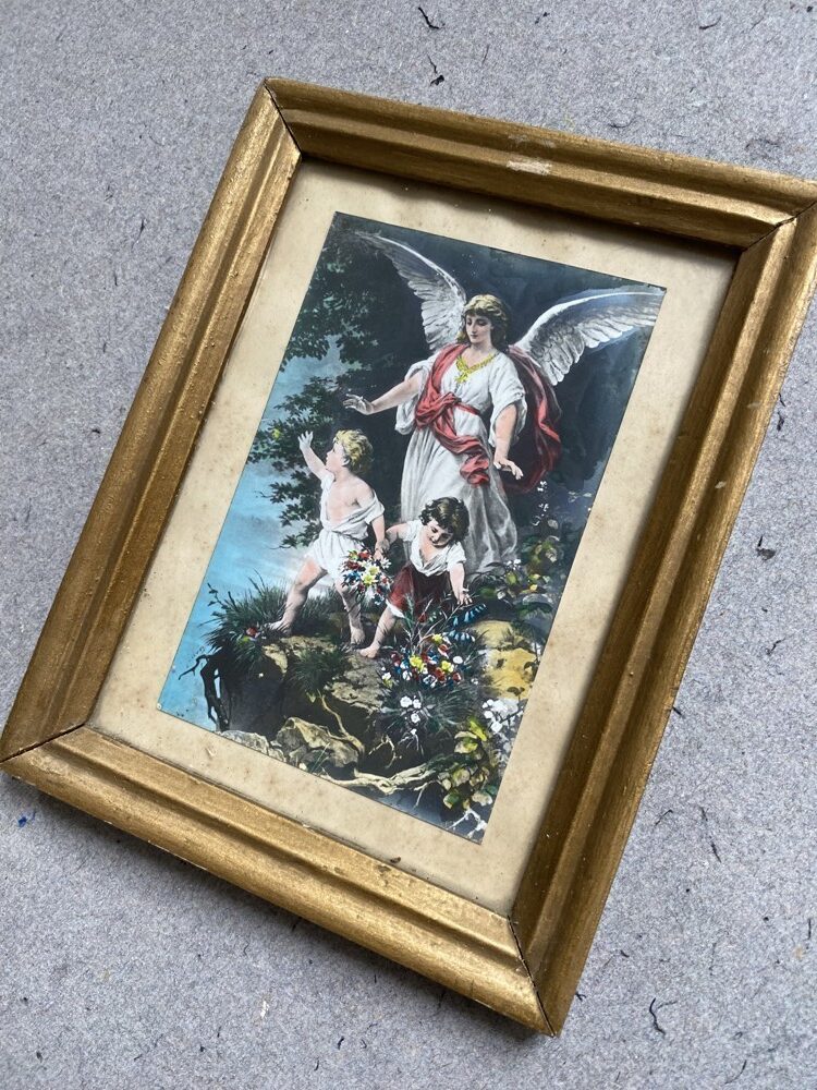 Starožitný svatý obrázek pod sklem anděl s dětmi