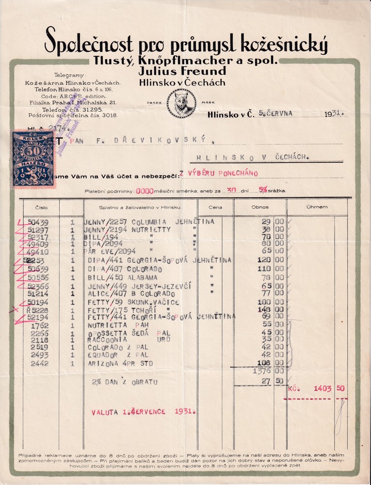 Soubor dokumentů Společnost pro průmysl kožešnický 30.léta, Hlinsko - Obrázek 3