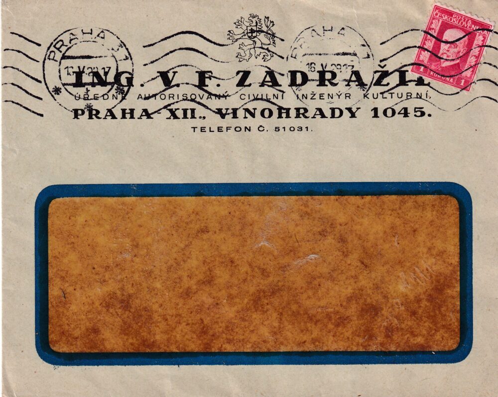 Obálka Ing. V.F. Zadražil, civilní inženýr kulturní Praha 1.pol.20.stol., kolek