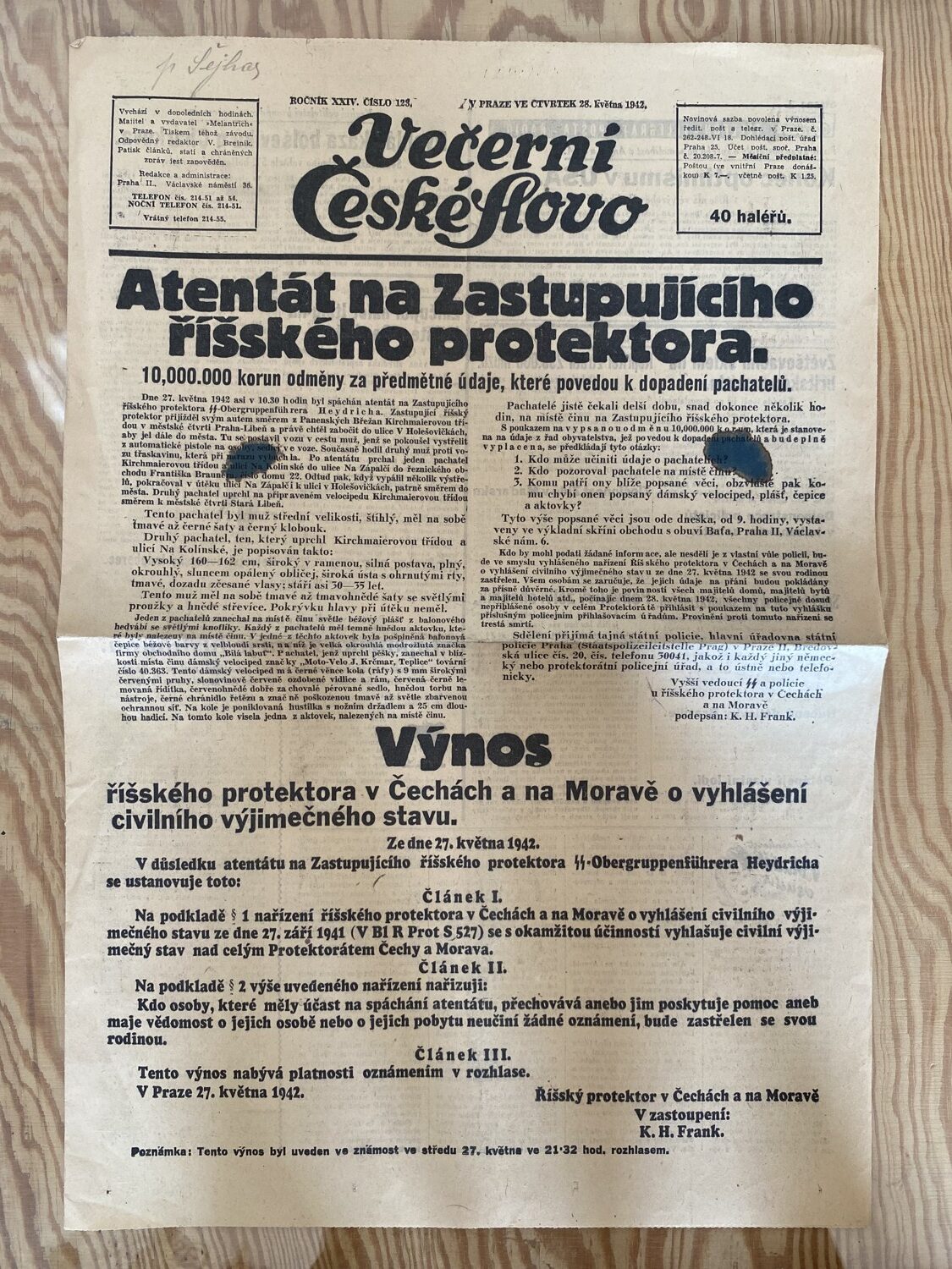 Noviny 28.května 1942 Vyhláška spáchání atentátu na Heydricha - Obrázek 2