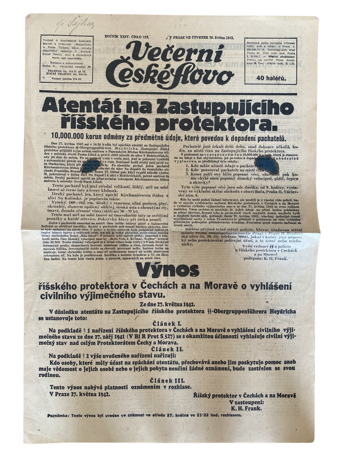 Noviny 28.května 1942 Vyhláška spáchání atentátu na Heydricha