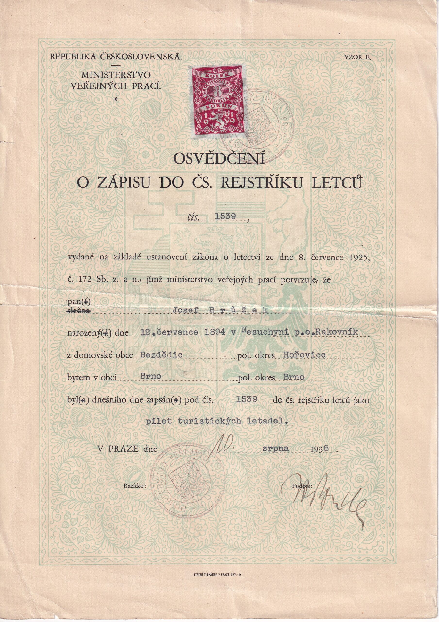 Osvědčení o zápisu do čs.rejstříku letců, pilot turist. letadel Praha 1938