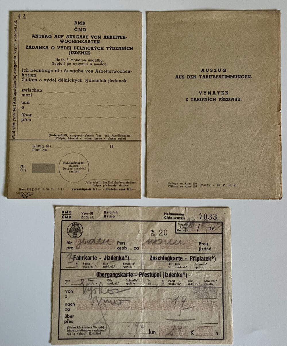 Dělnická legitimace a jízdenka protektorát Vyškov - Brno, WWII