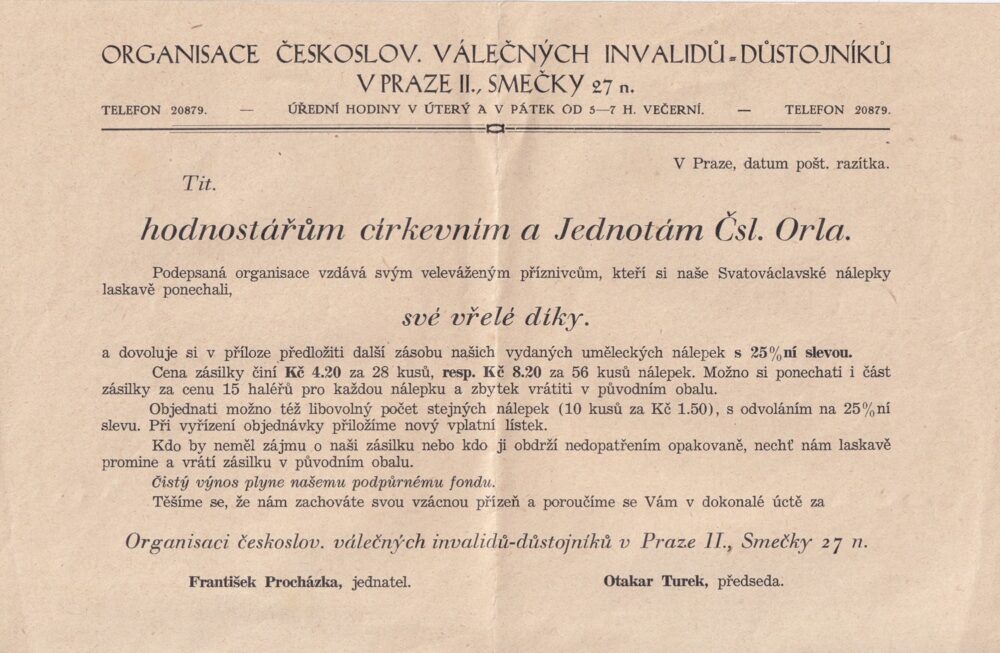 Dokument Organisace českoslov. válečných invalidů - důstojníků v Praze