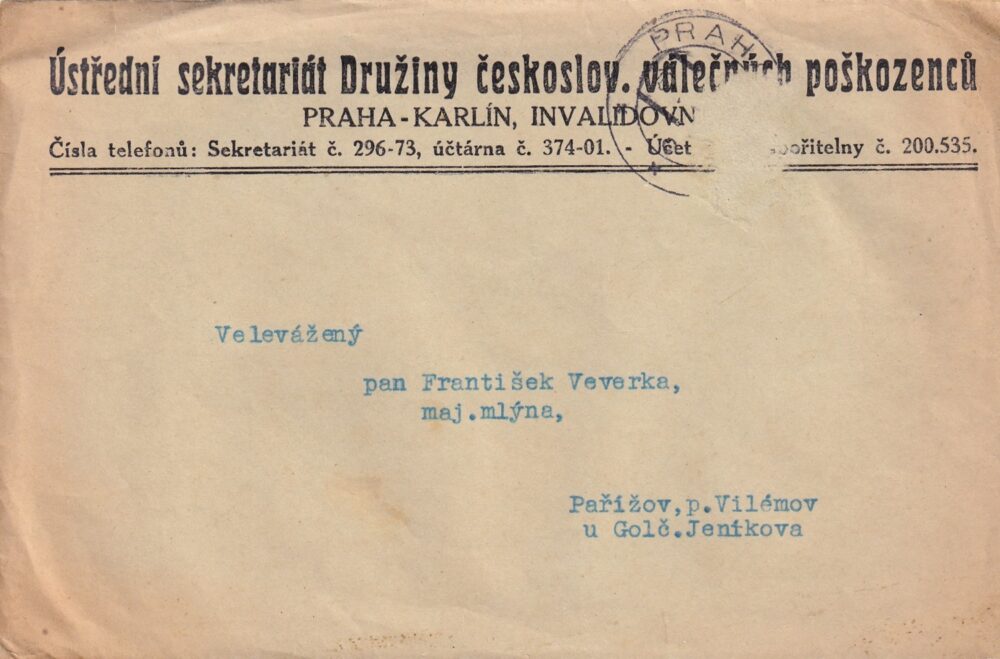 Obálka Úřední sekretariát Družiny českoslov. válečných poškozenců