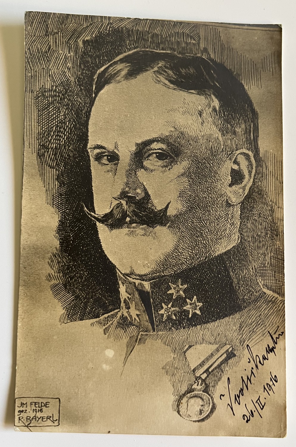 Pohlednice WWI  - portrét vojáka s medailí, r.1916