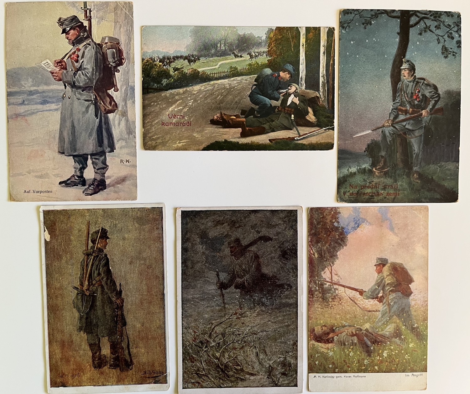 Vojenské pohlednice WW1 Vojáci na frontě, pušky, výstroj 6 ks