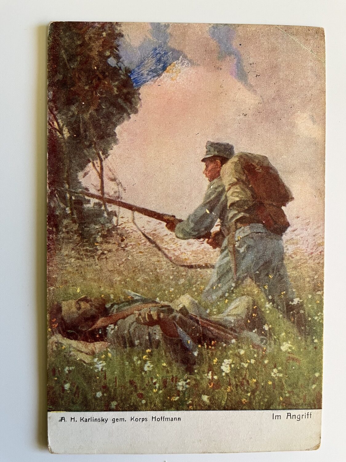 Vojenské pohlednice WW1 Vojáci na frontě, pušky, výstroj 6 ks - Obrázek 5