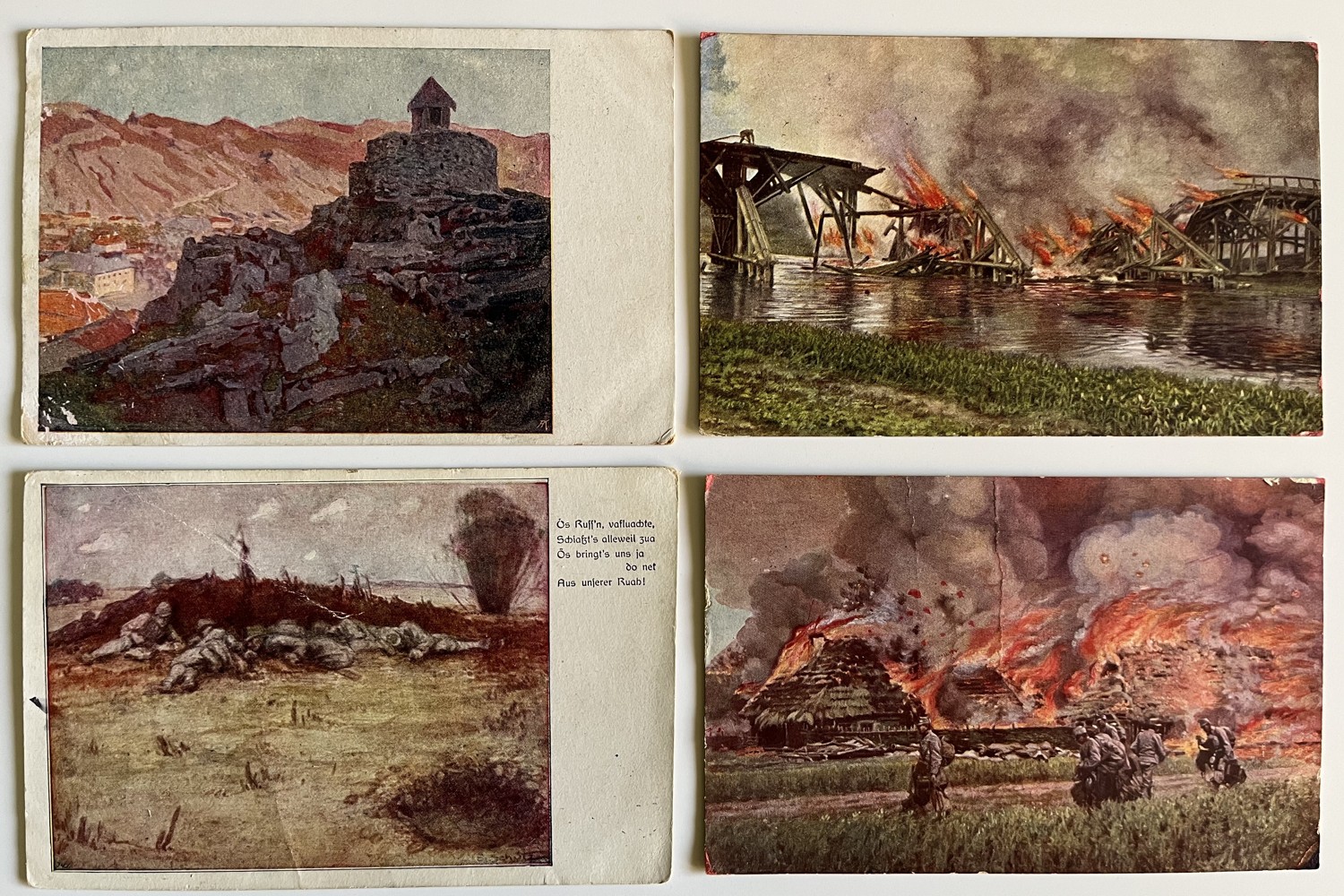 Vojenské pohlednice WW1 Hořící vesnice v Ruském Polsku, série 4 ks