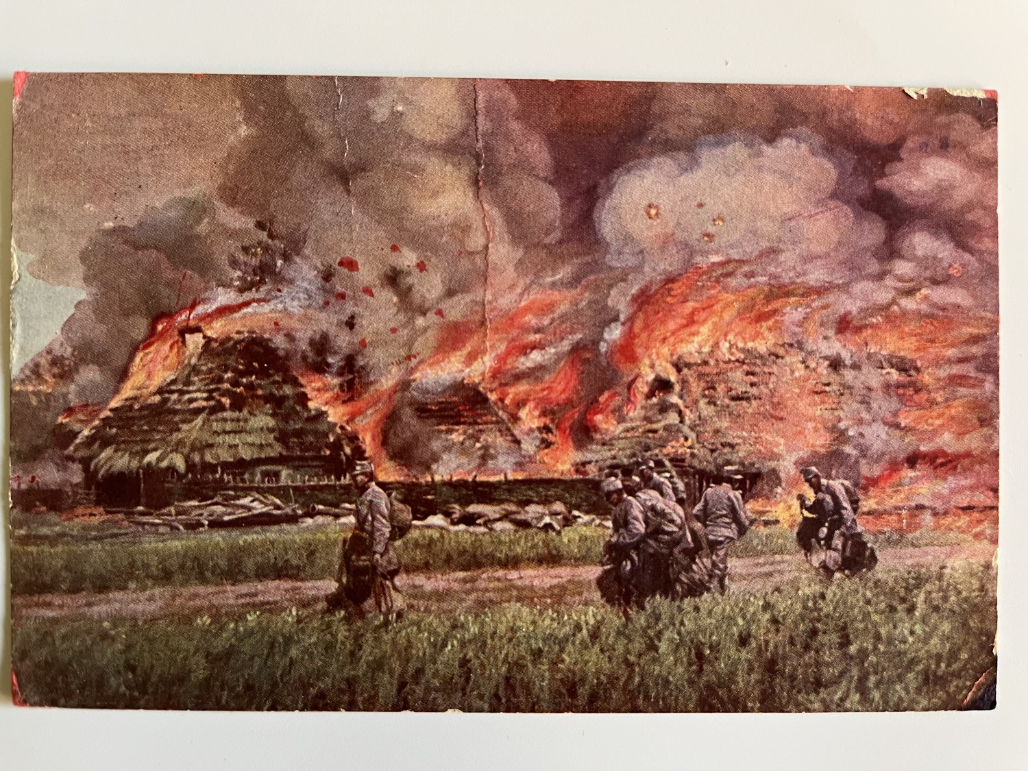 Vojenské pohlednice WW1 Hořící vesnice v Ruském Polsku, série 4 ks - Obrázek 4
