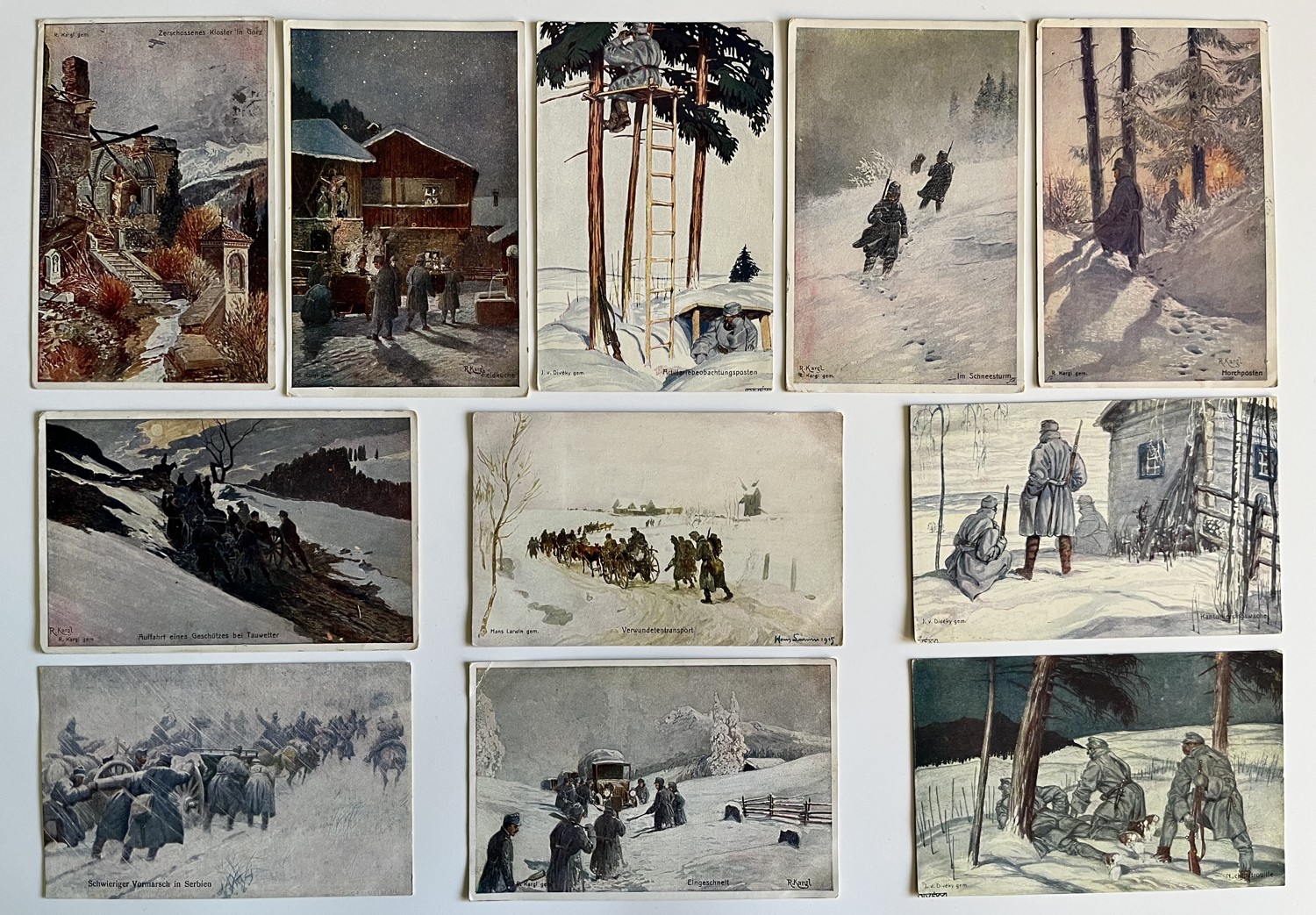 Vojenské pohlednice WW1 Válečné ilustrace vojáci na frontě, série 11 ks