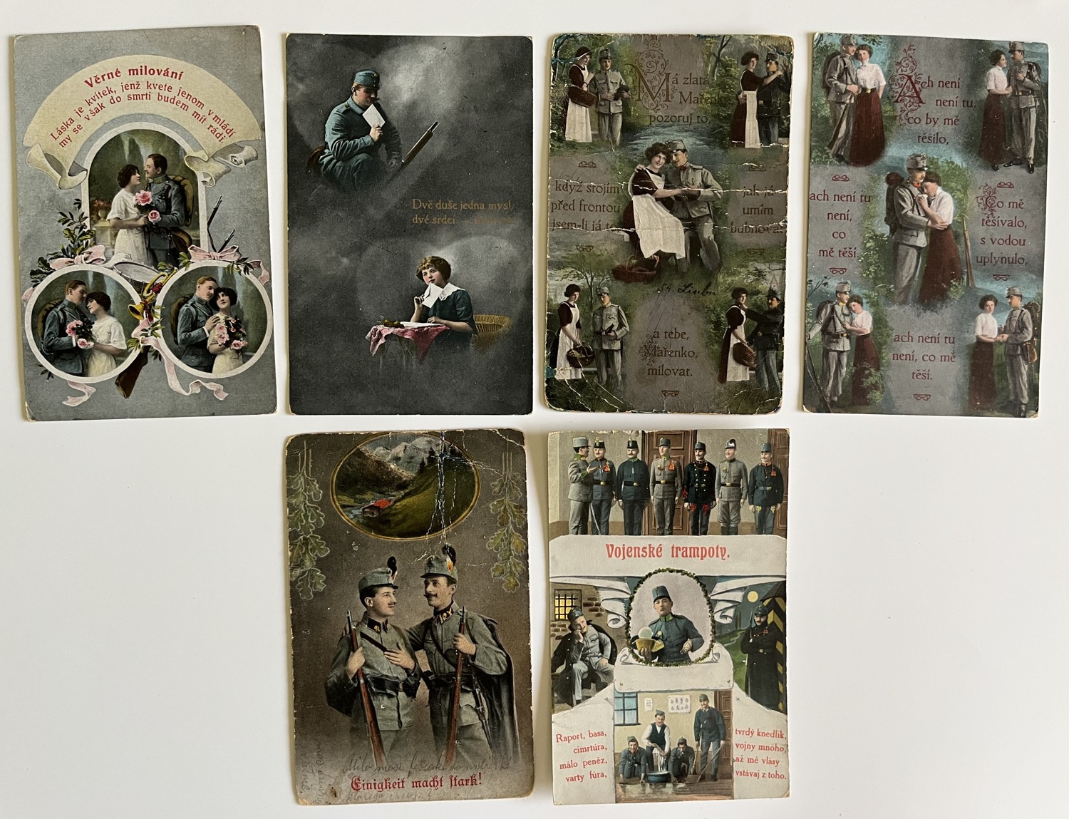 Vojenská pohlednice RU, WW1 Vojáci na frontě, cimra, koláž série 6 ks