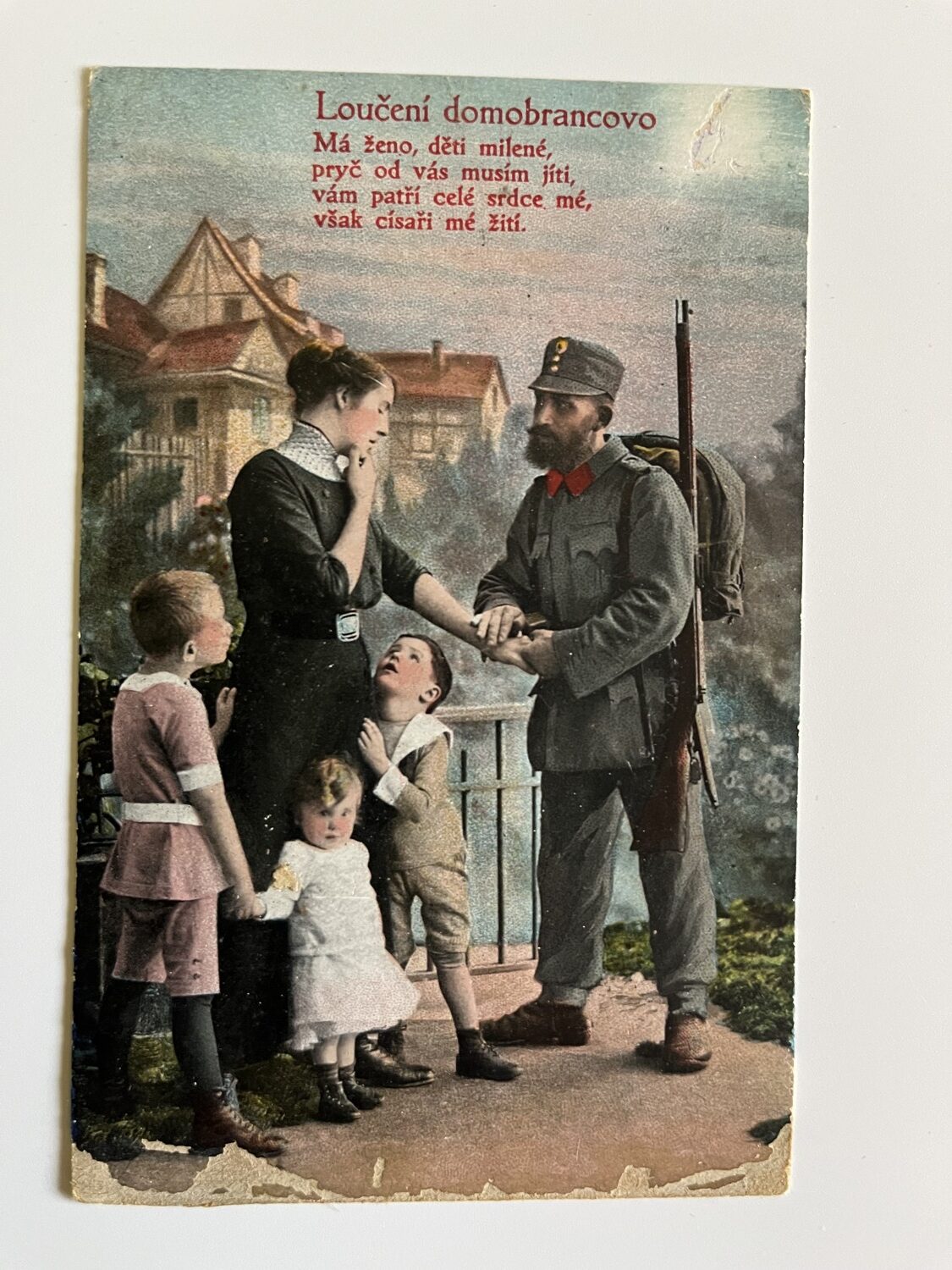Vojenská pohlednice s verši RU, WW1 Voják s rodinou, dívkou série 8 ks - Obrázek 3