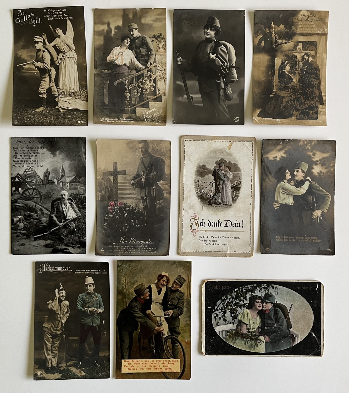 Vojenská pohlednice RU, WW1 Vojáci, vojákyně, kolo, razítka 11 ks