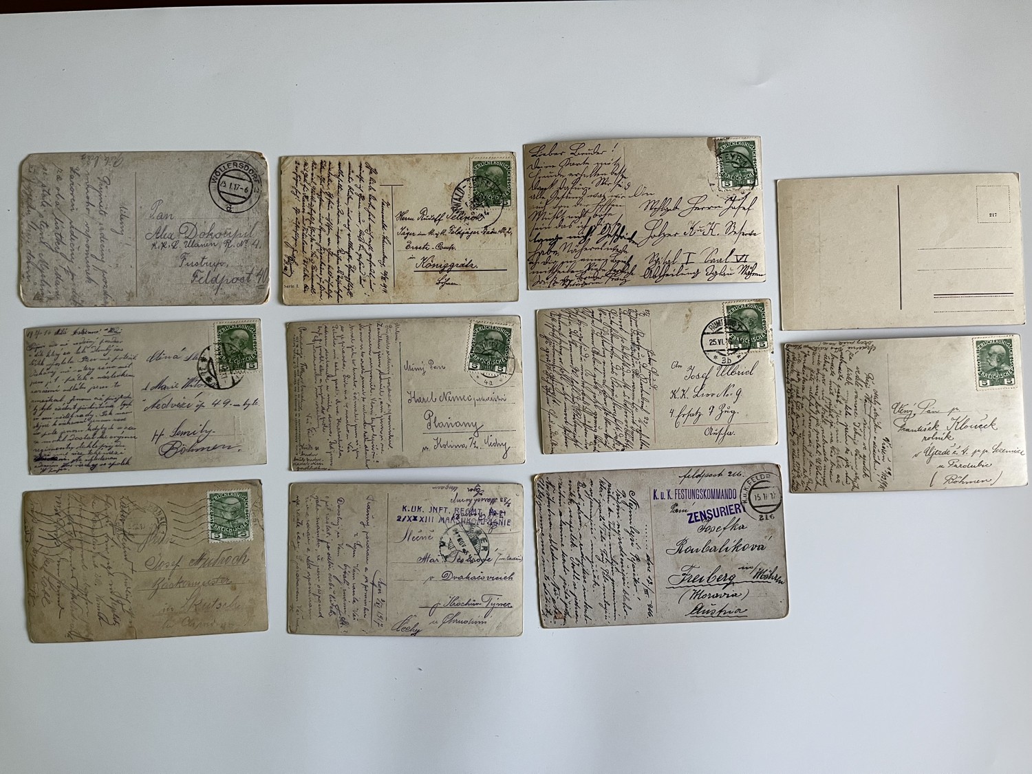 Vojenská pohlednice RU, WW1 Vojáci, vojákyně, kolo, razítka 11 ks - Obrázek 9