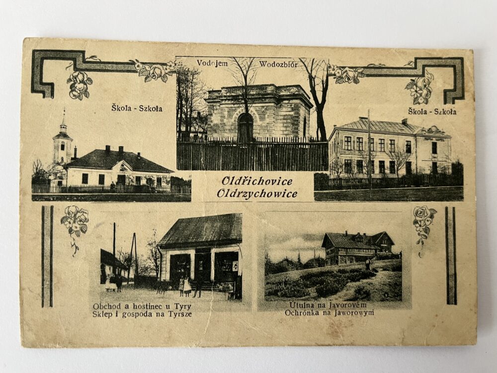Pohlednice Oldřichovice - Vodojem, škola, obchod, hostinec koláž