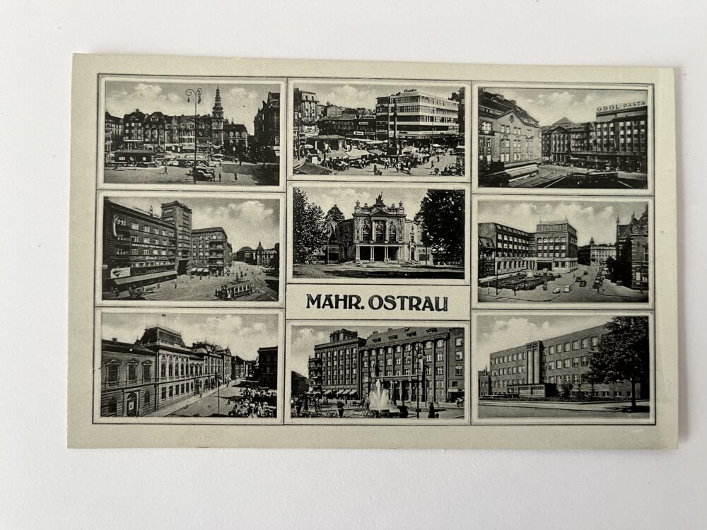 Pohlednice místopis Moravská Ostrava - koláž, známky, razítka 1941