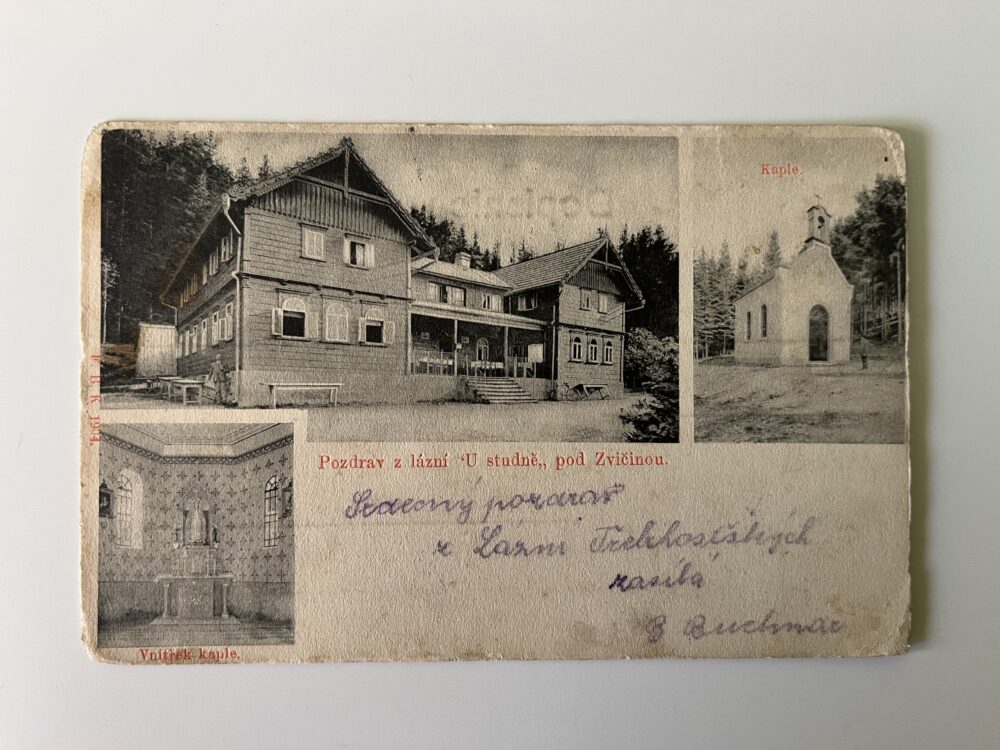 Pohlednice Pozdrav z lázní U studně pod Zvičinou, koláž okres Trutnov