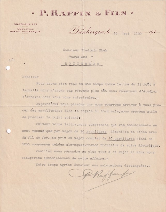 Účet součástky P. Raffin, Dunkerque Nizozemí