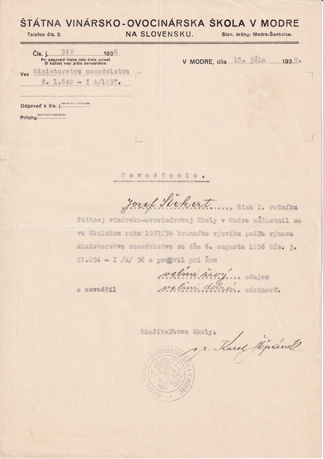 Vysvědčení Vinársko-ovocinárska škola Modra Slovensko