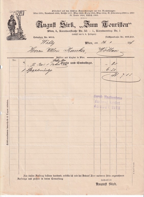 Účet potřeby pro turisty, August Sirk, Vídeň