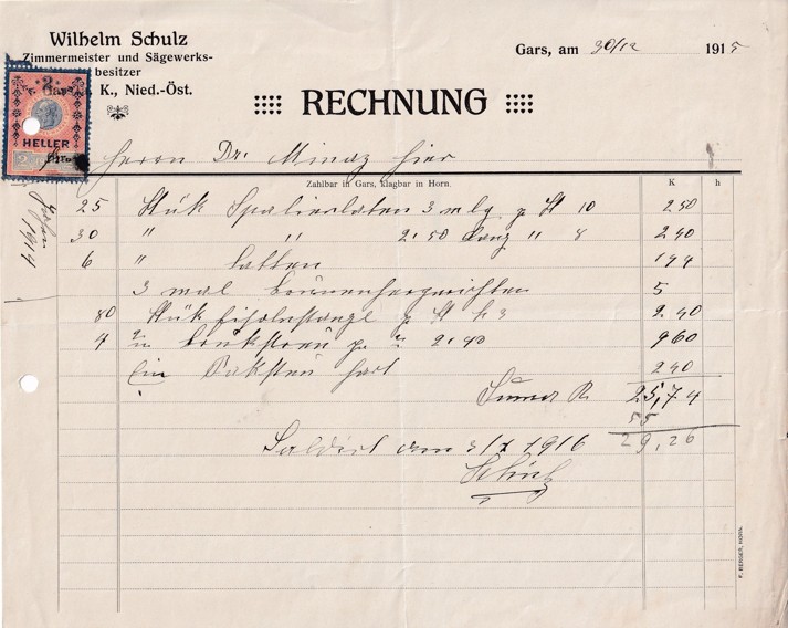 Účet tesař Wilhelm Schulz, Gars am Kamp