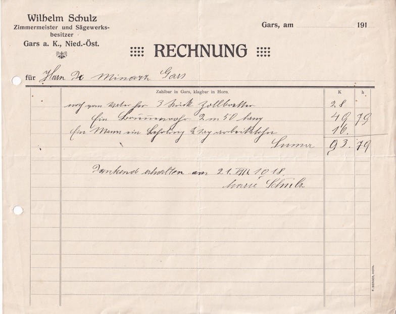 Účet tesař Wilhelm Schulz, Gars am Kamp