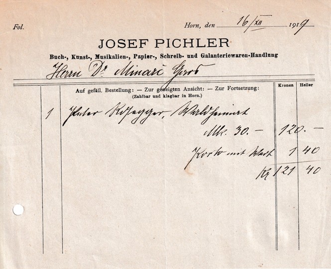 Účet papírnictví Josef Pichler, Horn