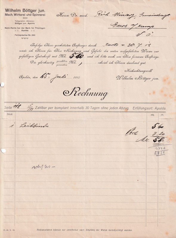 Účet tkalcovna Wilhelm Böttger, Apolda