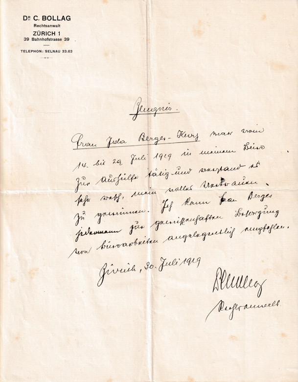 Účet právník Dr. C. Bollag, Curych