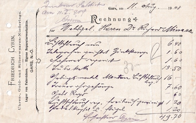 Účet zlatnictví Friedrich Cyrin, Gars am Kamp