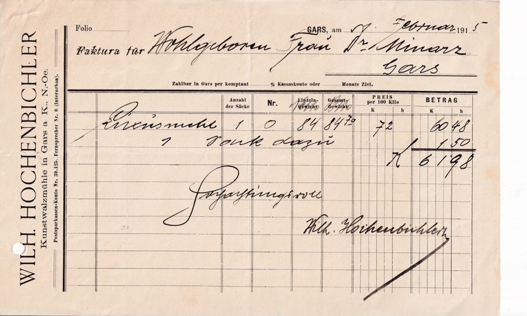 Účet mlýn Wilh. Hochenbichler, Gars am Kamp