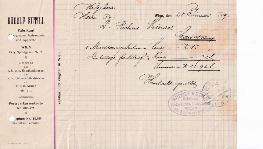 Účet zdravotnické potřeby R. Kutill, Vídeň