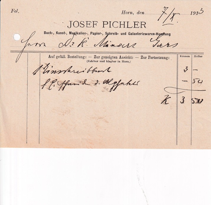 Účet papírnictví Josef Pichler, Horn