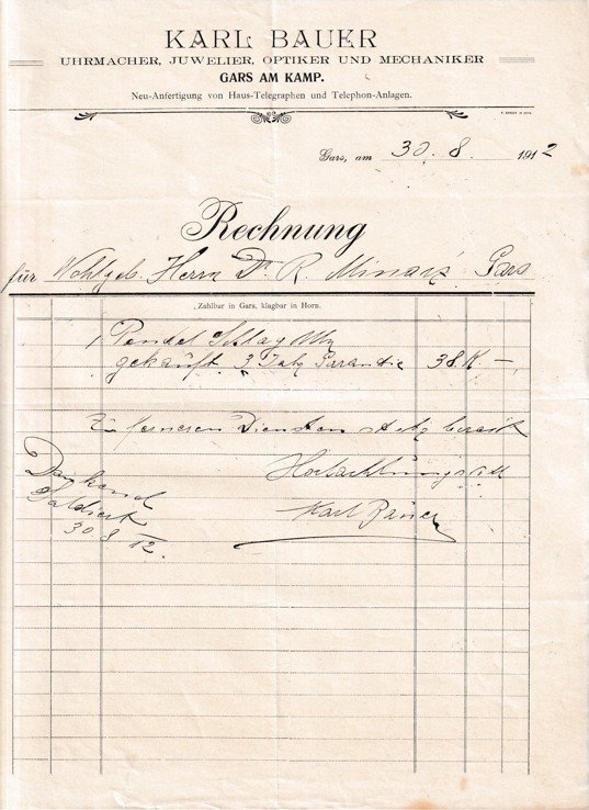 Účet hodinářství Karl Bauer, Gars am Kamp