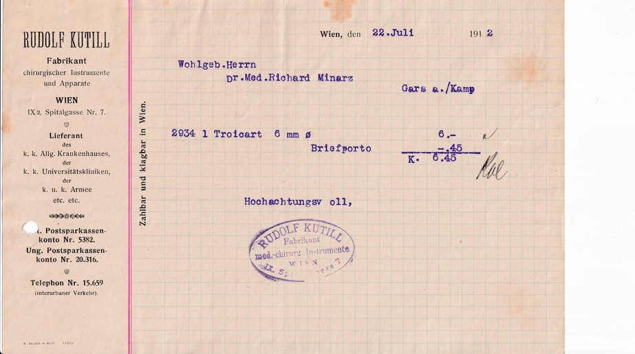 Účet zdravotnické potřeby R. Kutill, Vídeň