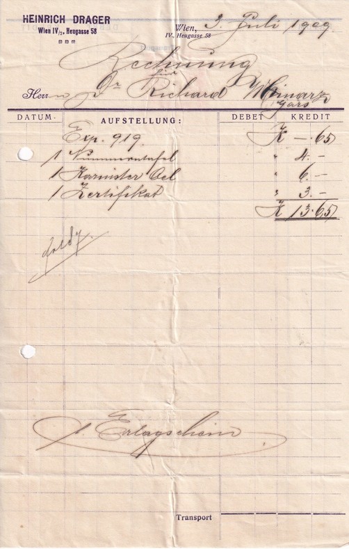 Účet papírnictví Heinrich Drager, Vídeň