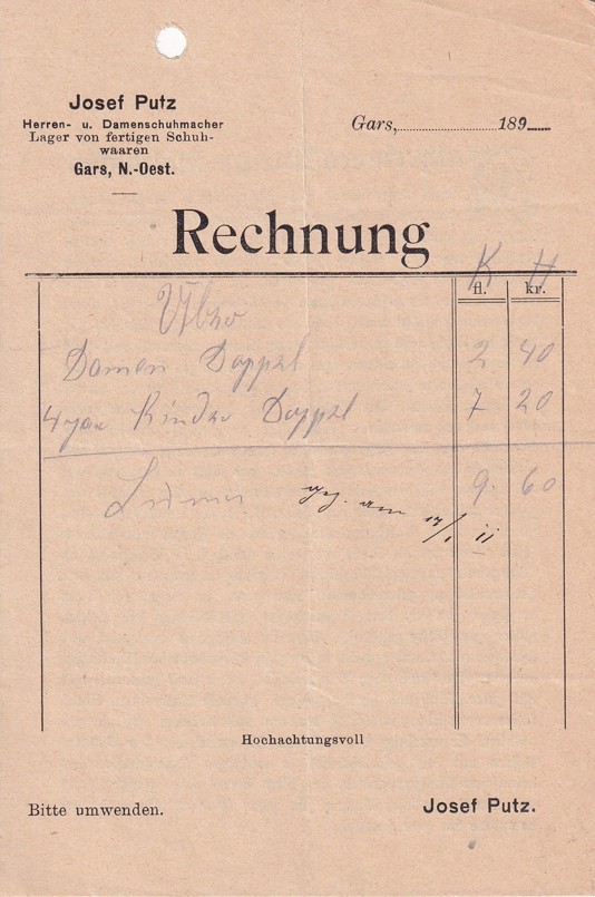 Účet obuvník Josef Putz, Gars am Kamp
