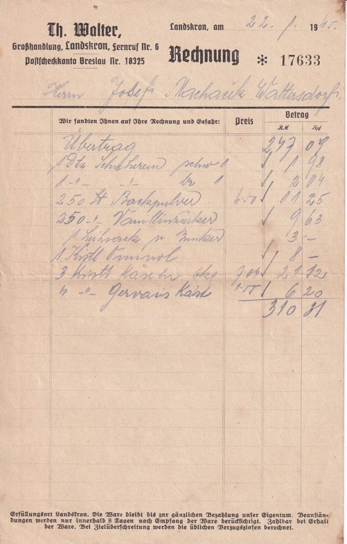 Účet koloniál Walter, Landskron