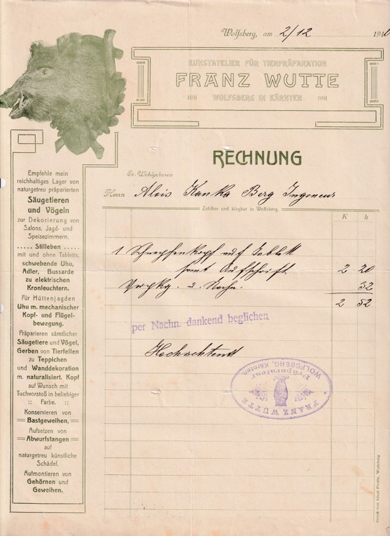 Účet preparátor Franz Wutte, Wolfsberg