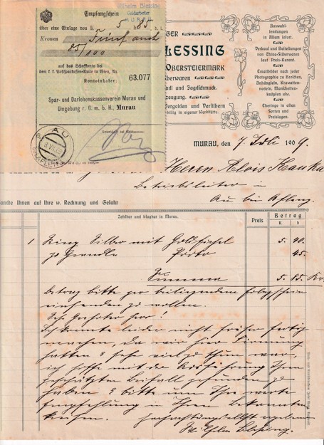 Účet zlatnictví Wilhelm Blessing, Murau