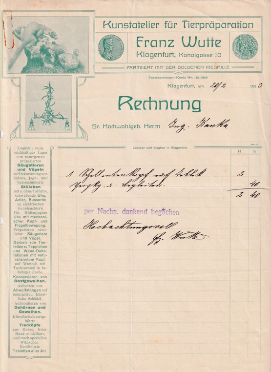 Účet preparátor Franz Wutte, Wolfsberg