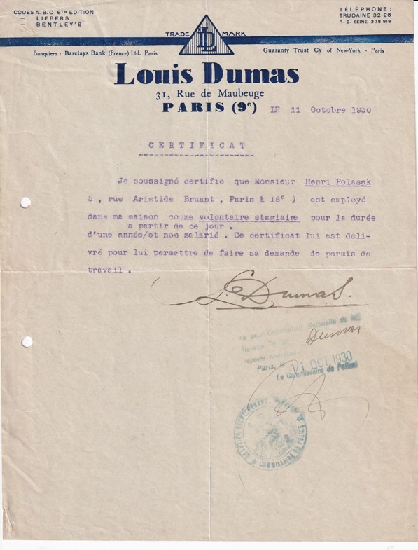 Vysvědčení Louis Dumas, Paříž