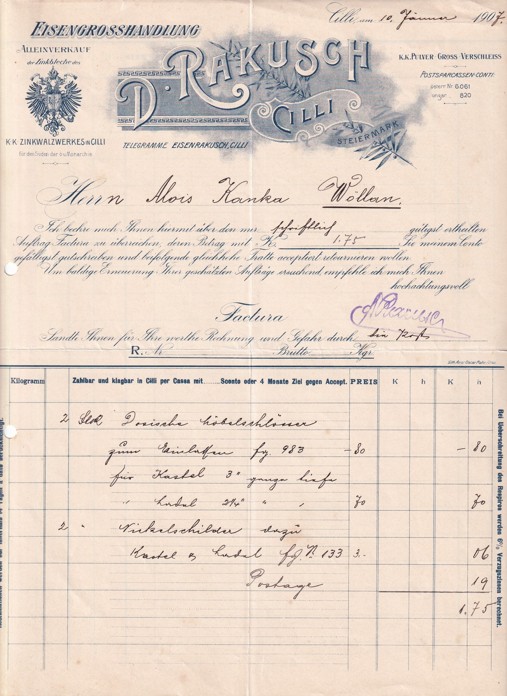 Účet železo D. Rakusch, Cilli Slovinsko