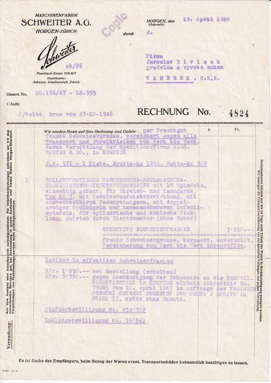 Účet stroje Schweiter Horgen, Vamberk