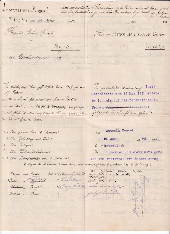 Dotazník Heinrich Franck Linec, Praha