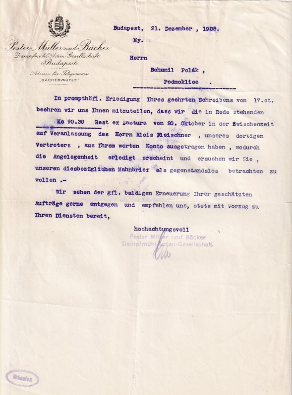 Účet mlýn Müller a Bäcker Budapešť, Podmoklice