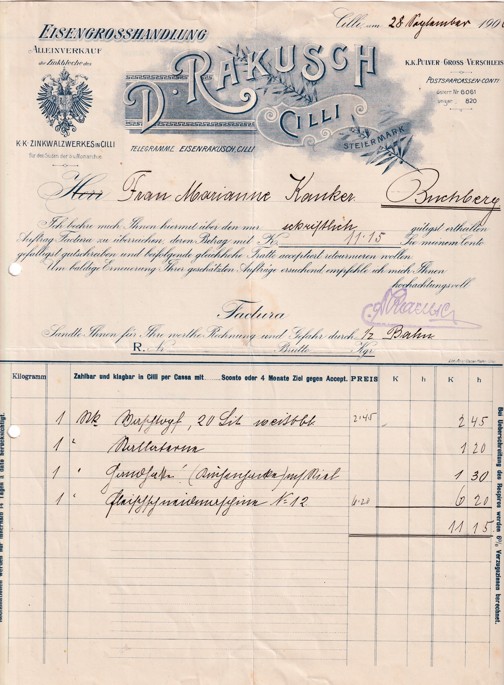 Účet železo D. Rakusch, Cilli 1906