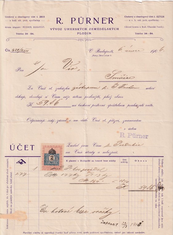 Účet zemědělské plodiny Pürner, Budapešť 1906