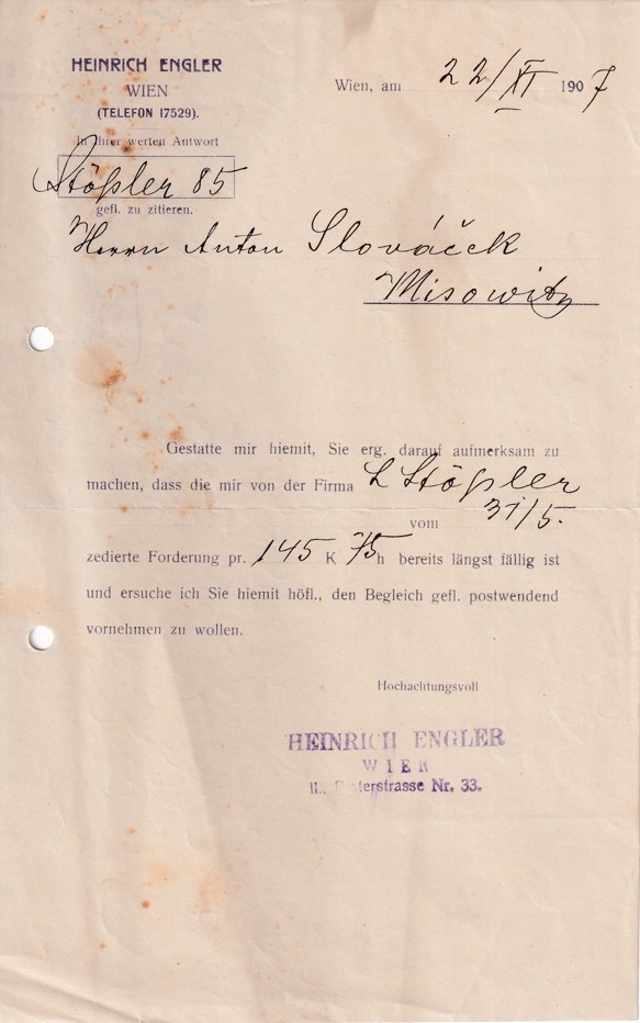 Účet Heinrich Engler Vídeň, Slováček Vizovice